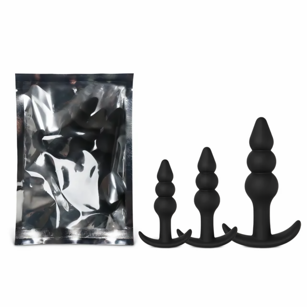 Black Color Silicone Beaded Butt Plug Set