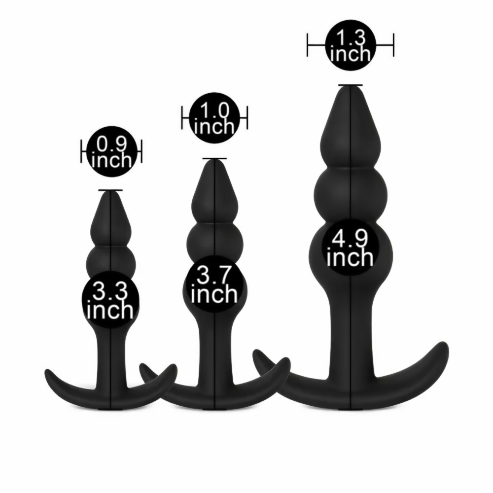Black Color Silicone Beaded Butt Plug Set